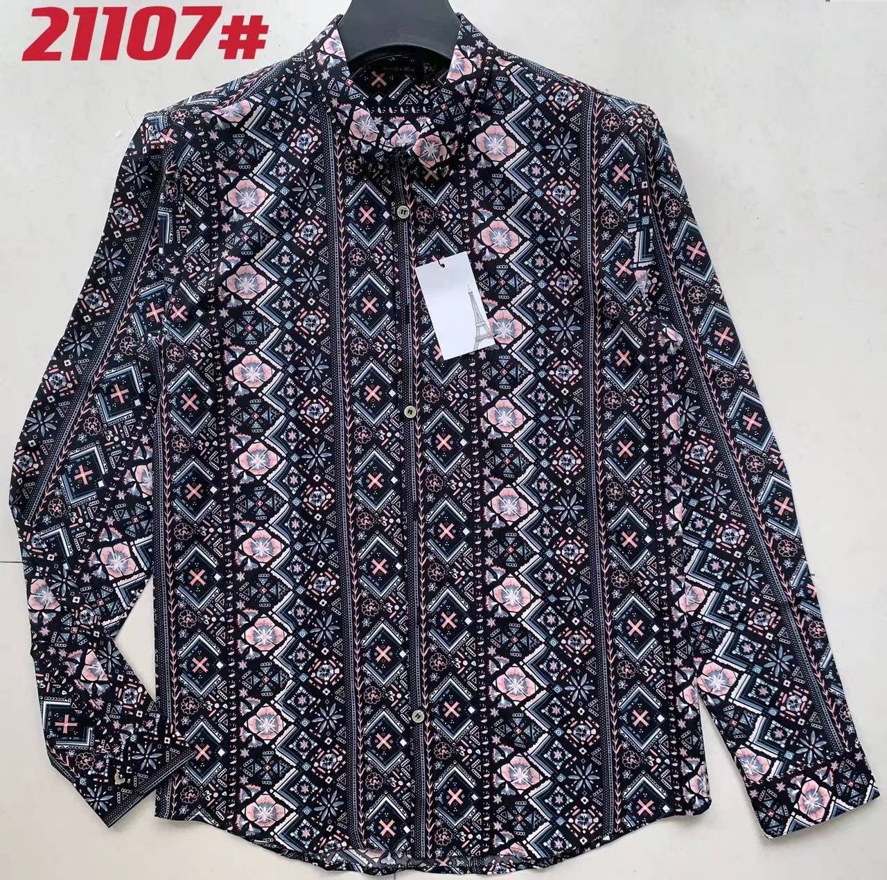 Ethnic style top geometric pattern button men's lapel casual long sleeve shirt