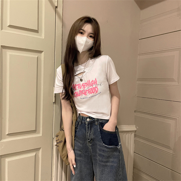 WYP-6791 Women's Fashion Loose Cutout Design Sense Printed Slim Slim Cropped T-shirt