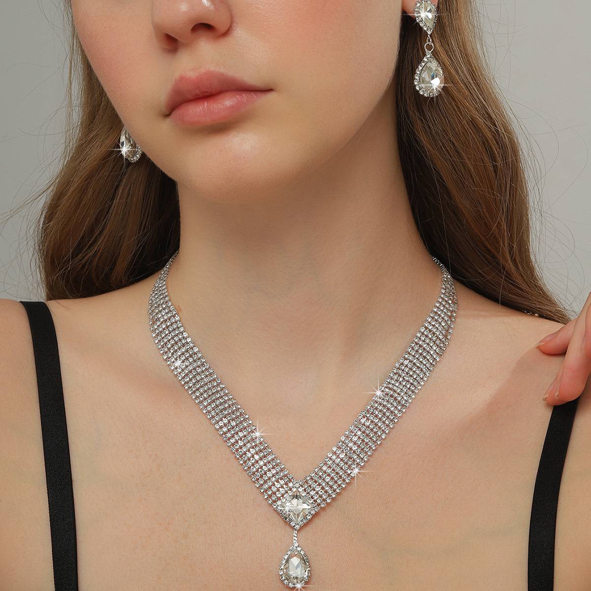 French-Style Luxurious Rhinestone Jewelry Collection, Sparkling Teardrop Pendant Adjustable Necklace, Matching Drop Earrings, Multi-Row Bracelet & Paved Ring, Modular 2/3/4-Piece Set Options, Elegant Women Formal Accessories for Wedding Ceremonies Banquet Evening Gowns Prom Parties Thoughtful Bridal Holiday Gifts
