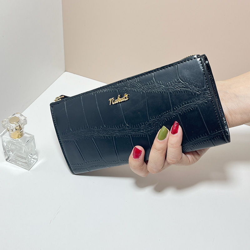 GS024 Embossed Crocodile Cow Leather Flat Girls Clutch Wallet Small Zip Pocket Long Cash Wallet