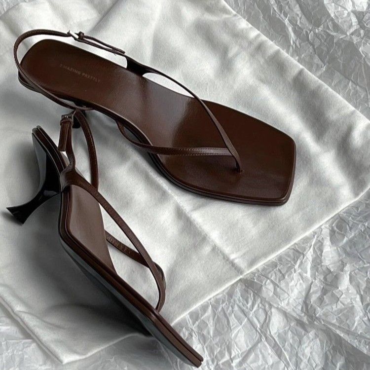 2026 New Summer Plus Size French Style Women's Thong Sandals Fine Heel Ankle Strap Flip Flop High Heels Elegant Dress Footwear