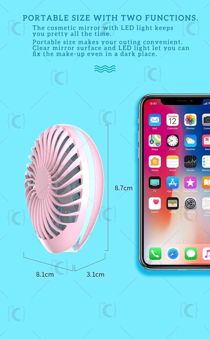  
Tospino,LED, color, makeup, mirror, portable, hand-held, mini, mirror fan, 3 gear speed rechargeable with color LED light