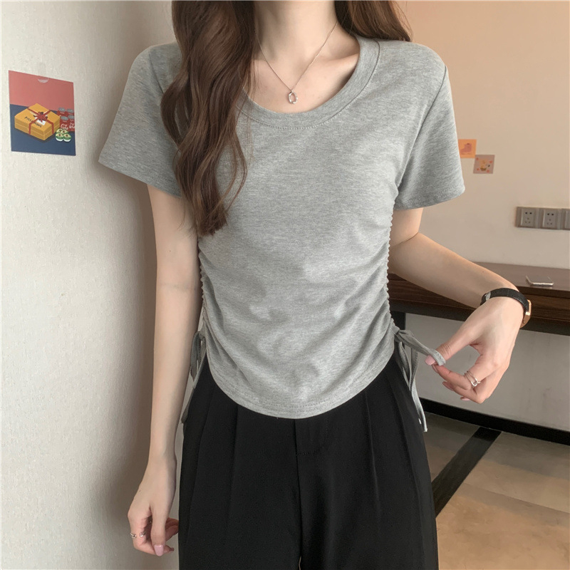 420 Women's Loose Crewneck Drawstring Slim Short Sleeve T-shirt