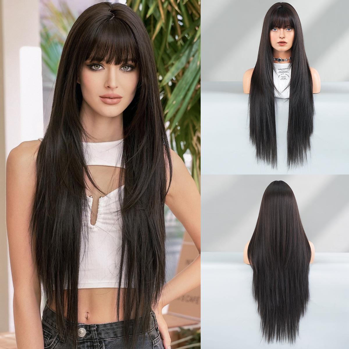 Fashionable round face, layered, super-long straight hair, black full wig, straight bangs, high-quality chemical fiber full head cover