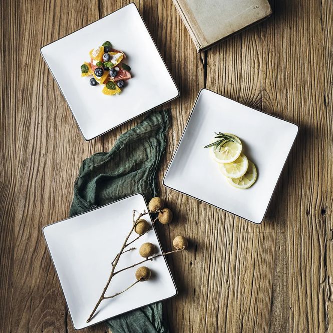 Durable Ceramic Material Luxury Dish Pasta Plate White Porcelain Square Plates And Bowl With Black Rim T-14