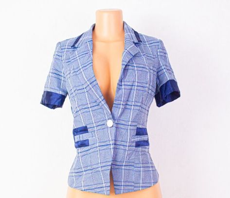 Tiny Plaid Tailored Short Sleeve Jacket Blazer For Ladies - Single Button Plaid Women's Blazer