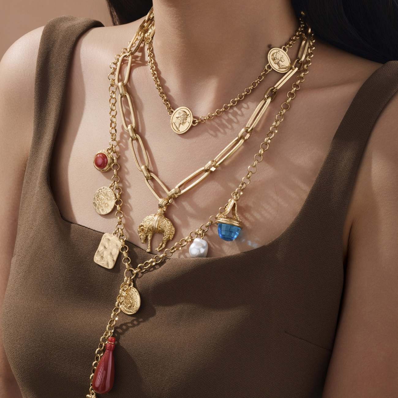 Gold Plated Multi-layered Vintage Charm Necklace with Coin & Gemstone Pendants, Adjustable Link Chain, Retro Statement Jewelry for Women

