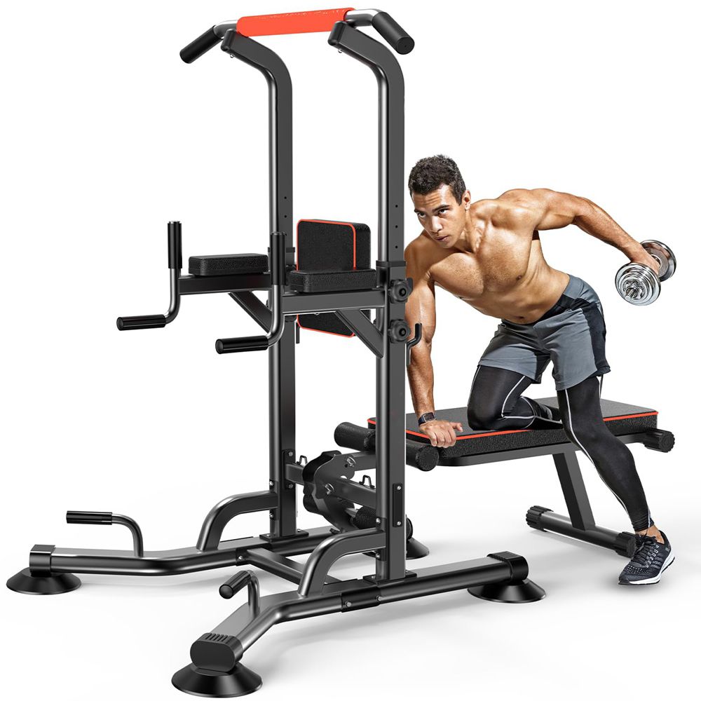 Pull-Up Workout Station with Bench - Multifunctional Gym Equipment Setup w/Pulling Bar, Sit-Up Board, Backrest, Elbow Pad, & Steel Main Frame, Great for Home Exercise and Weight Training