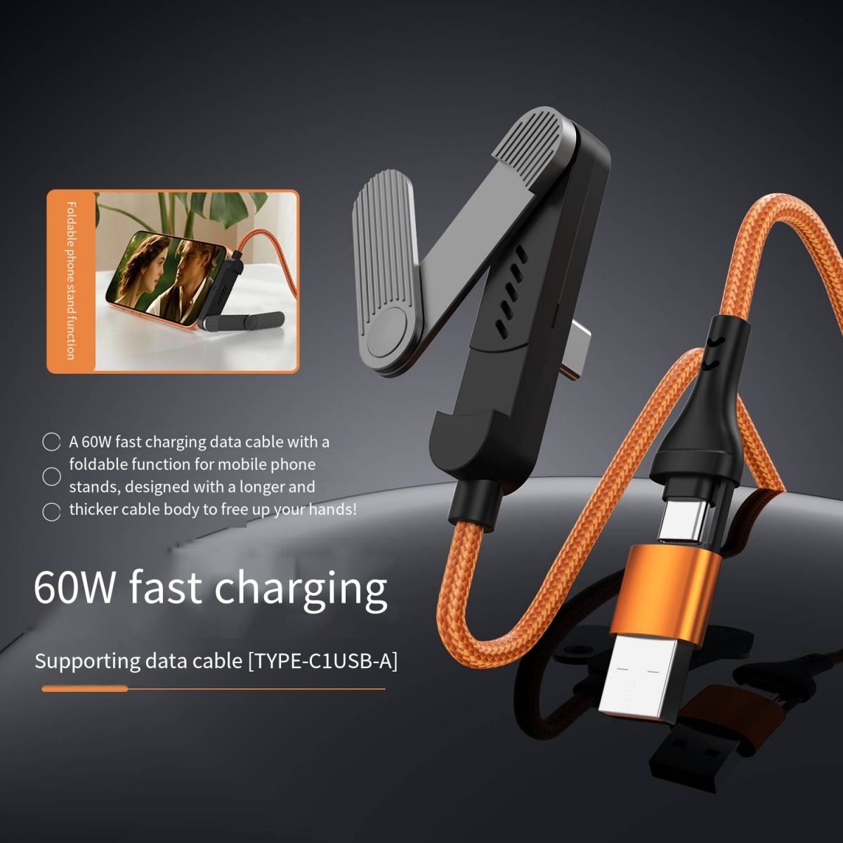  3-Fold Adjustable Bracket Fast Charging Cable, 90 Degree Elbow Type-C Quick Charge Data Cord, Multifunctional Hands-Free Viewing Charger Wire, Universal Compatible with iPhone, Huawei, Android Smartphones and Tablets