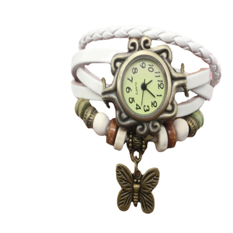 6664 women's vintage butterfly pendant watch hand-woven vintage leather ladies bracelet