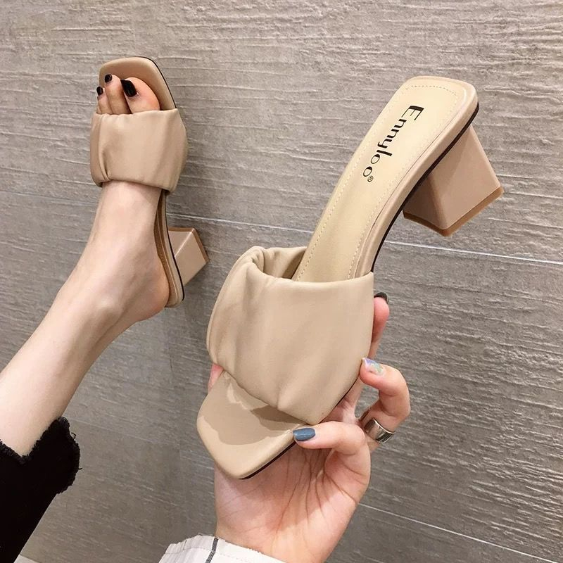 9715 Women's Heeled Mules Square Open Toe Sandals Flip Flops Slip On Fashion Wedding Dress Chunky Block Heels Open Back High Heel Slide Slipper