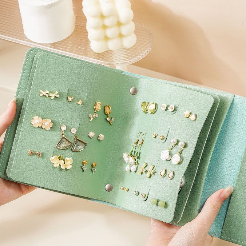 sp01260 Jewelry Box Book Portable Jewelry Storage Bag Green PU Leather Earring Organizer Travel Jewelry Roll Gift Case