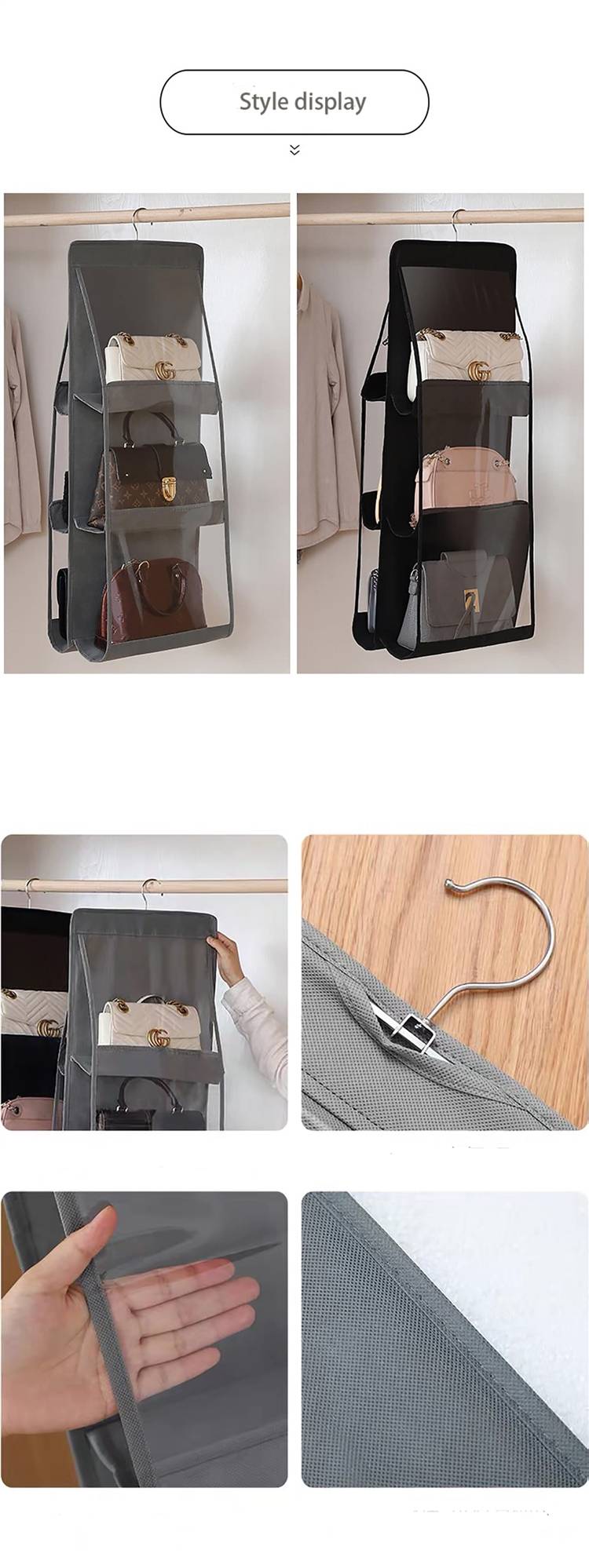 Hanging Handbag Organizer Dust-Proof Storage Holder Bag Wardrobe Closet for Purse Clutch with 6 Larger Pockets Grey