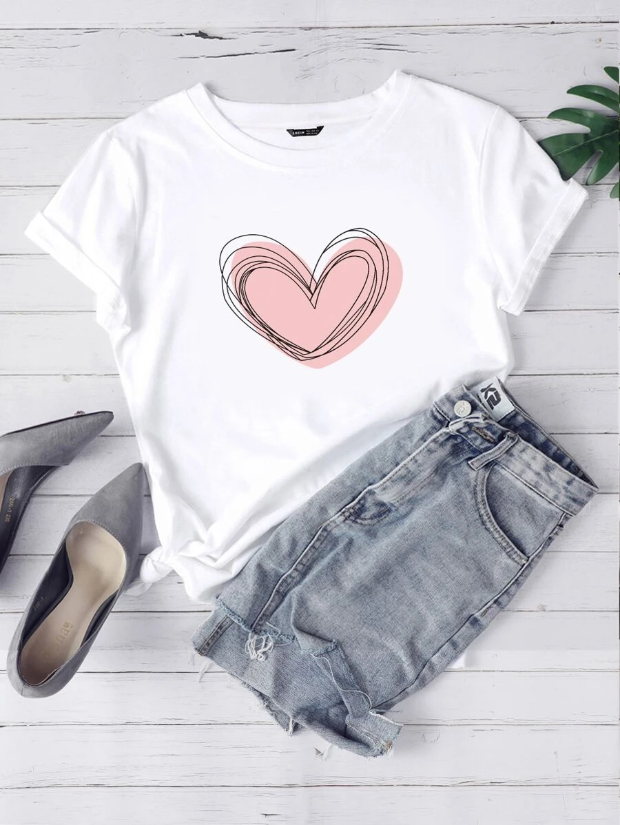 DX068# Women Heart Print Round Neck Tee T-Shirt