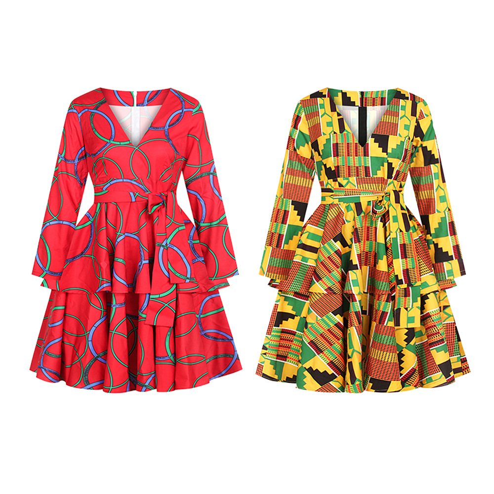 FQIG Women African Floral Print V Neck Long Sleeve Dress Dashiki Ruffle Swing Pleated Layered Ruffled Hem Party Dress