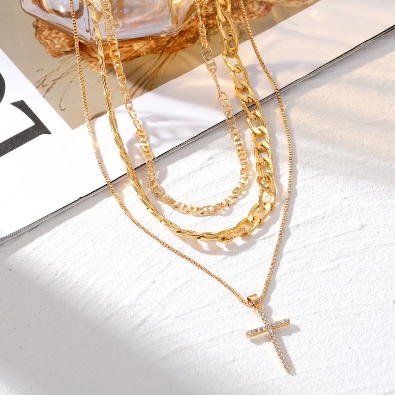 Golden three-layer cross necklace CRRSHOP free shipping Christmas Holiday gifts Easter Four layer golden necklace with thin chain