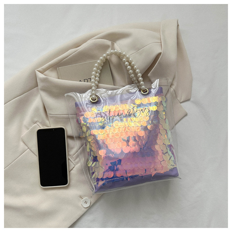 2024 New Transparent Laser Jelly Bag Shoulder PVC Pearl Tote Bag Fashion Shopping Bag