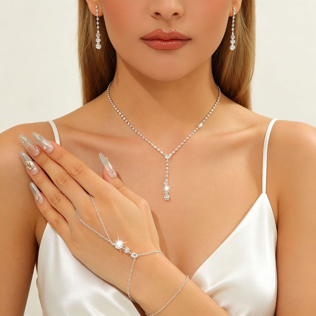 Minimalist Linear Tassel Zircon 3Pcs Jewelry Set For Women, Thin Single Row Rhinestone Necklace Earrings Bracelet Matching Kit, Adjustable Extension Chain Silver Tone Collarbone Choker, Sparkling Elegant Bridal Wedding Evening Banquet Prom Formal Dress Statement Accessories Gift For Ladies

