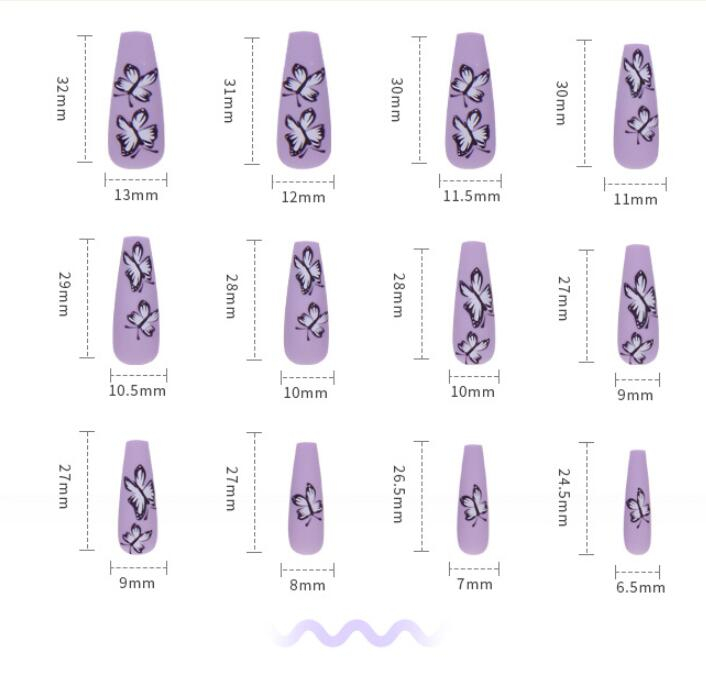 24pcs/Set Detachable Long Coffin Fake Nails European Purple  Butterfly Pattern Full Nail Art