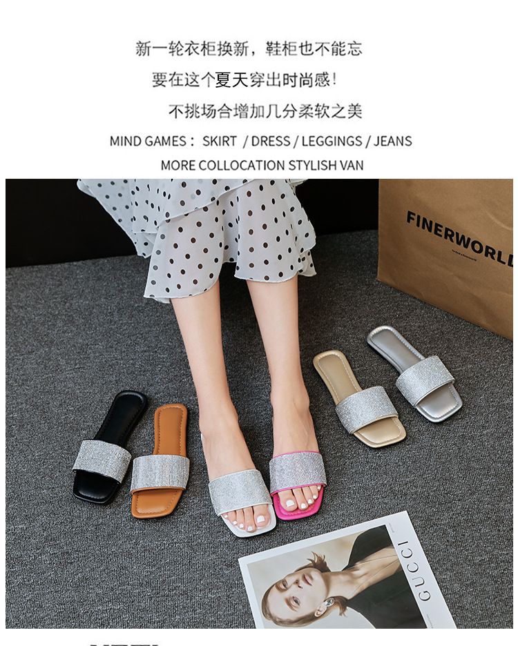 Square head flat flat comfortable slippers 2024 new women's drag outside to wear Europe and the United States large size leisure beach sandals 993