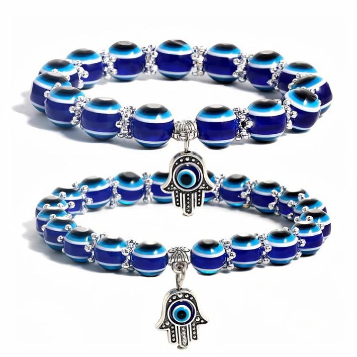 Huadeer Evil Eye Beaded Charm Bracelets Blue Eye Bead Hamsa Stretch Bracelet Hand of Fatima Turkish Lucky Bracelet for Women Men for Protection and Blessing