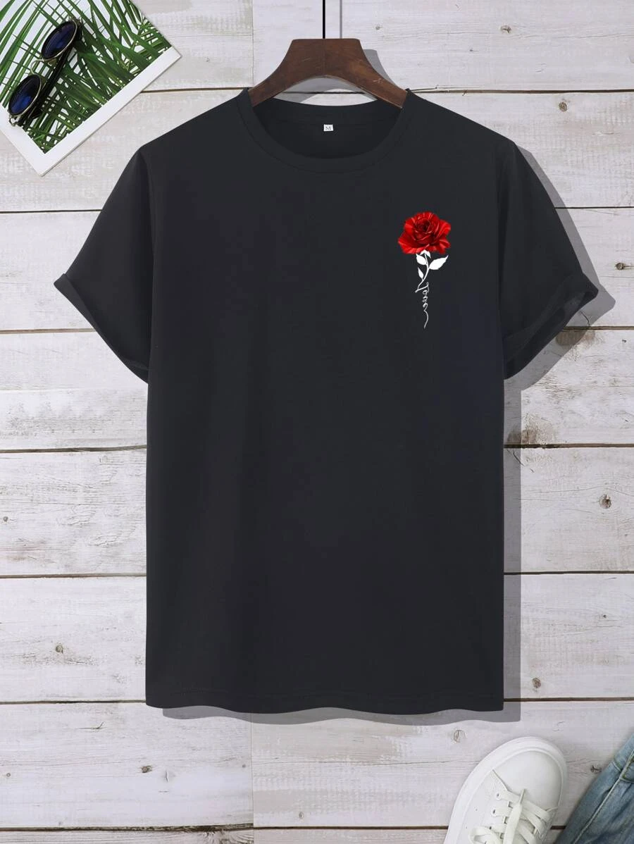 DX054# Men Red Rose Print Tee T-Shirt
