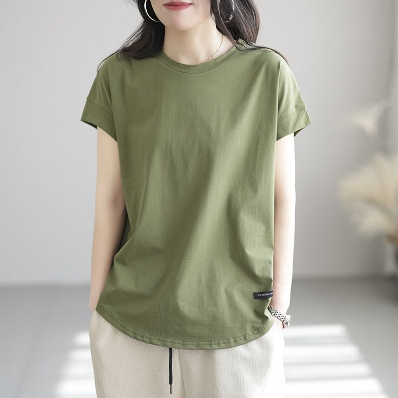 6640 Women's Spring/Summer Vintage Loose Short Sleeve T-Shirt Round Neck Solid Color Top