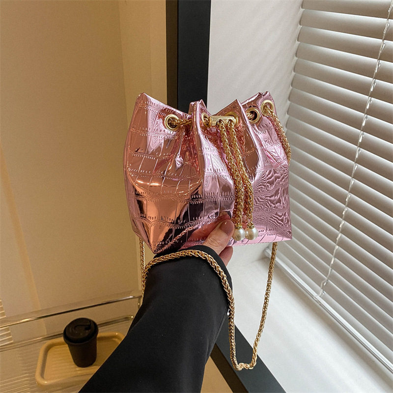 6097-ST Women's New Fashion Solid Color Chain Bag Drawstring Soft Face Cross-Body Bag
