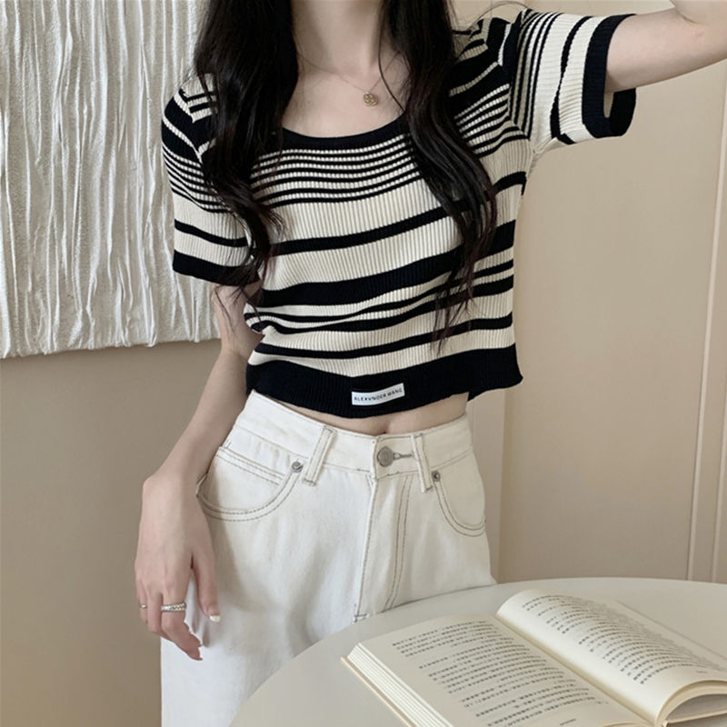 W1169 Women's Stripe Knit Short Sleeve T-Shirt Slim Fit Short Top