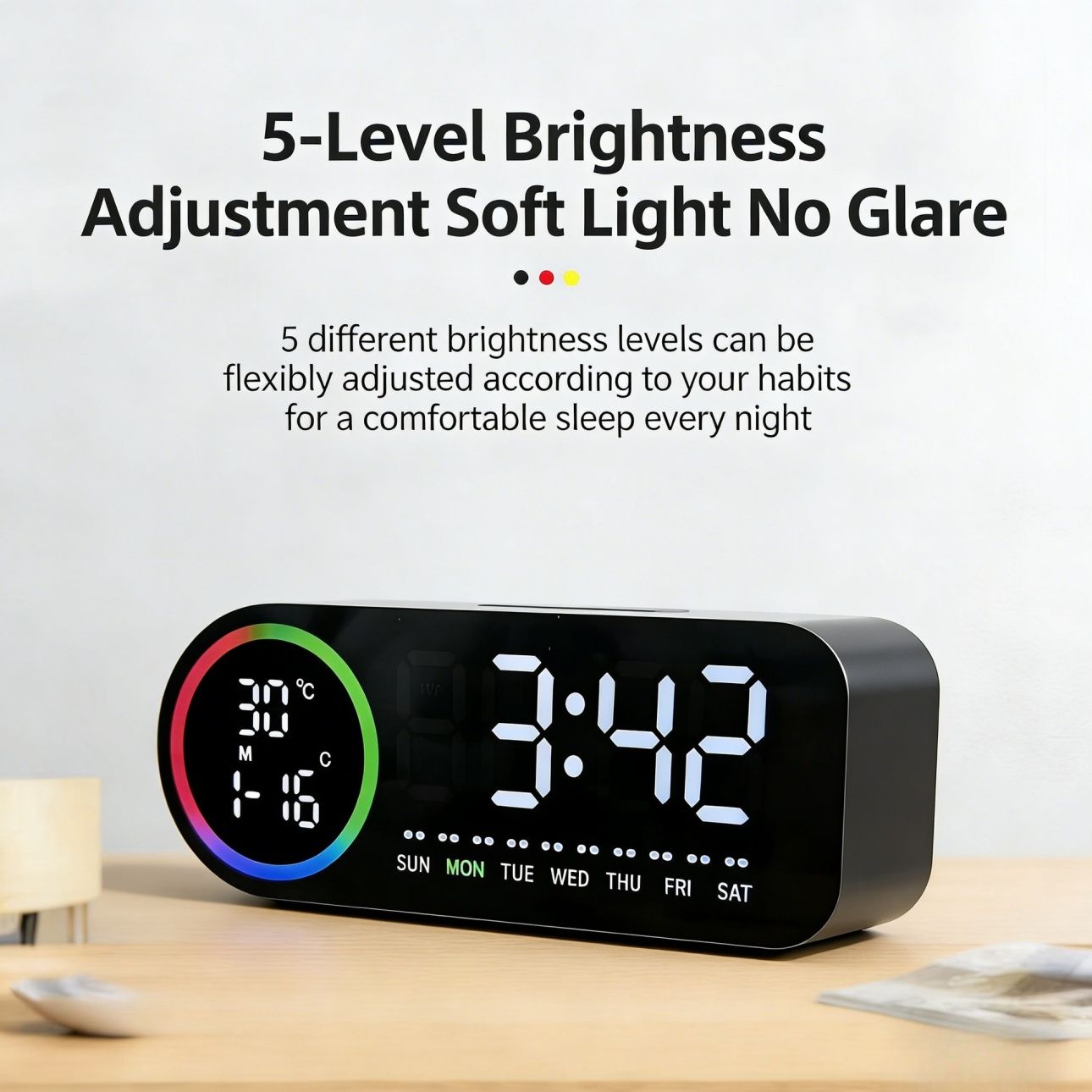 Minimalist Tropical Halo Ring LED Digital Alarm Clock Ultra Large Clear Screen Time Date Temperature Display Silent Non-Ticking Bedside Desktop Clock For Bedroom Student Dorm Office Home Decor
