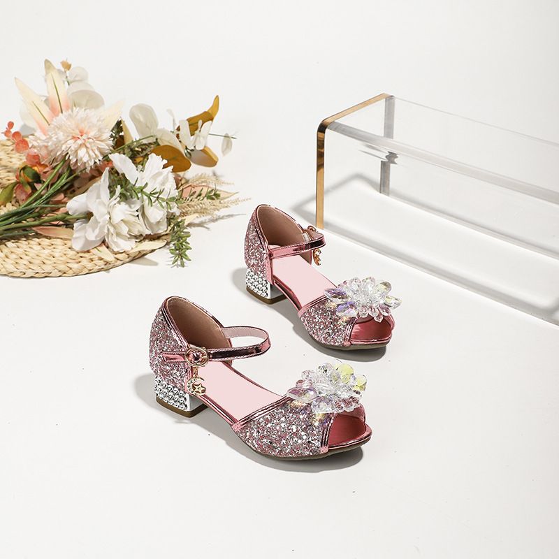 Dress Shoes Girls' High-Heeled Sandals Summer New Children's Crystal Shoes Children's Soft Soled Snow Princess Shoes