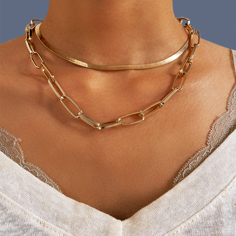 B06-01-10 Snake Bone Link Multilayer Choker Necklaces Layering Paperclip Necklace Chain Jewelry for Women Girls