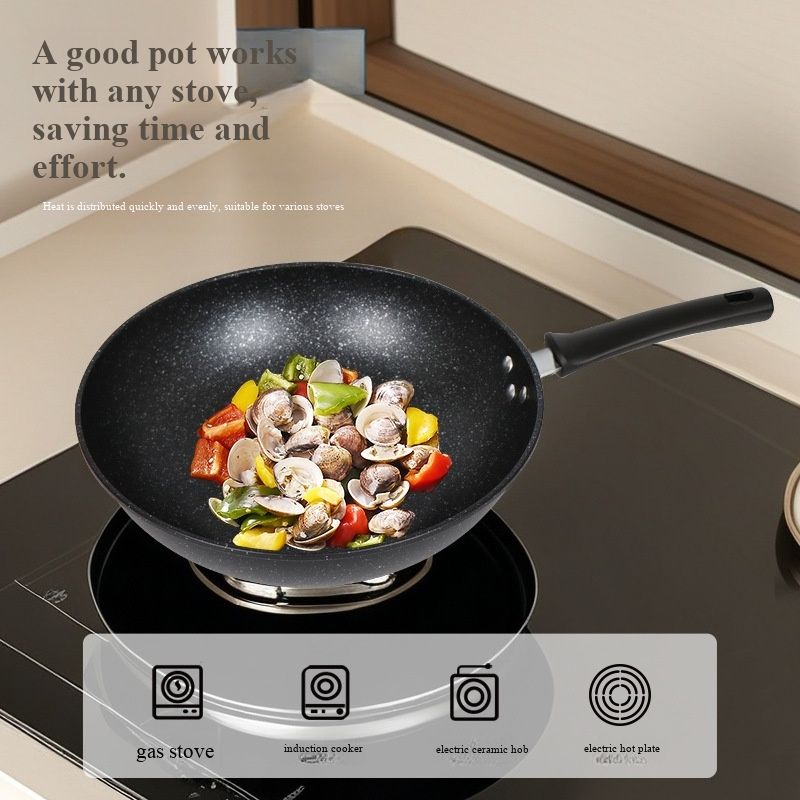 - Home Use Maifan Stone Non-Stick Wok, Thickened Low Smoke Frying Pan, Compatible with Gas Stoves.- Low Smoke Maifan Stone Non-Stick Wok, Thickened Frying Pan, Suitable for Home Gas Stove Cooking