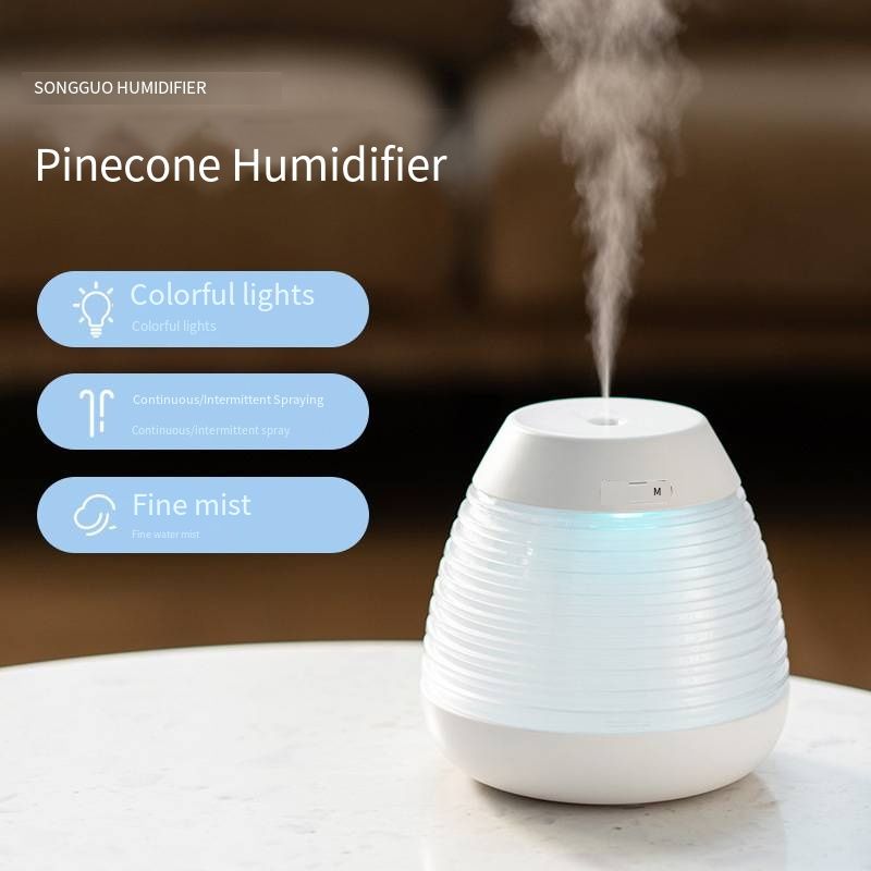 - Colorful Light Pine Cone Humidifier, Fine Large Mist Humidifier, Silent Desktop Night Light, Continuous Spray, USB Portable, Suitable for Bedroom Home Office, Quiet Operation, Easy to Use