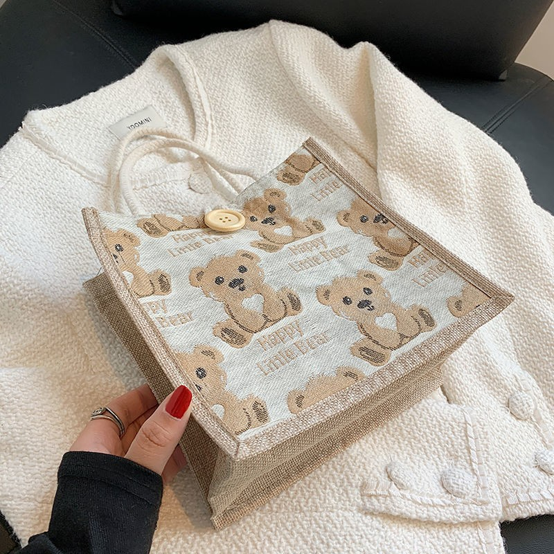 Cute Bear Pattern  Lunch Bag Flax Girl Student Handbag Outdoor Handbag Casual Lunch Bag Underarm bag

