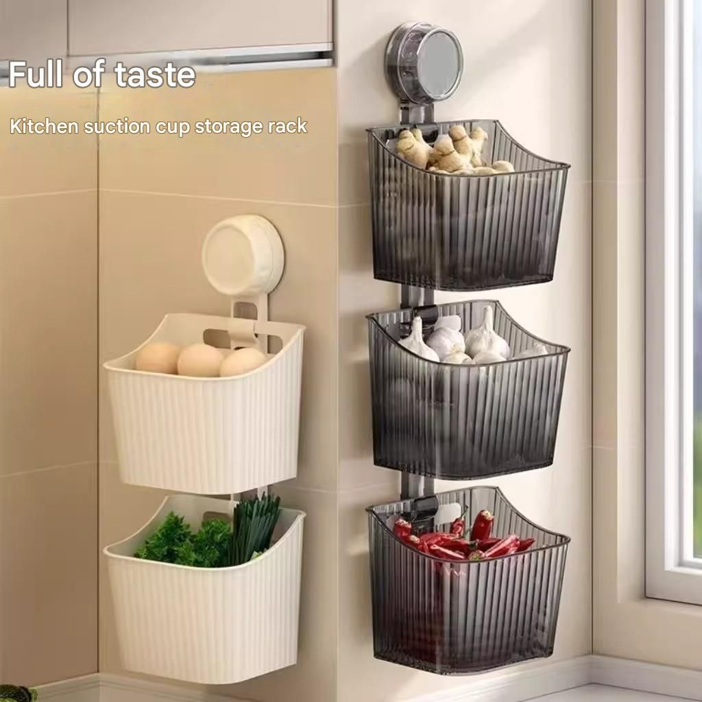 No Drill Wall Hanging Storage Basket with Suction Cup, Kitchen Wall Organizer Holder for Ginger Garlic Scallion, Hanging Storage Rack for Kitchen