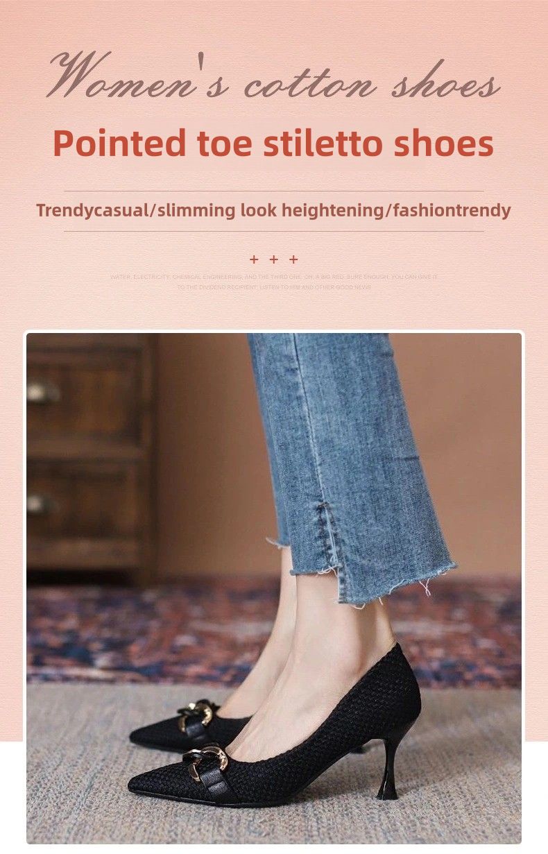 New Women's Single Shoes,High Heels,with Metal Chain, Niche and Versatile, Shallow Mouth, Stiletto Heel, Pointed Toe. Pointed Toe and Versatile Single Shoes for All Seasons with Stiletto Heel and Breathable Soft Leather for Professionals.Size 37-41.