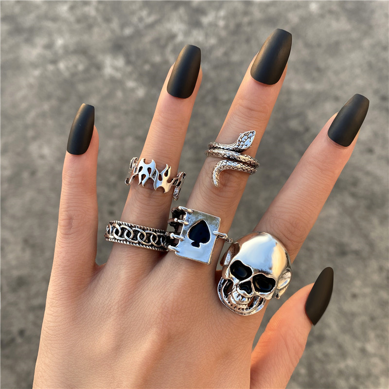 54923 Hiphop Punk Rings Poker Heart Owl Snake Rings for Women Vintage Gothic Silver Color Ring Charm Finger Jewelry Trendy