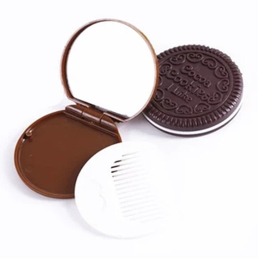 Chocolate Sandwich Biscuit Makeup Mirror, Cute Princess Portable Vanity Mirror, Folding Round Mirror, Mirror Comb Set.