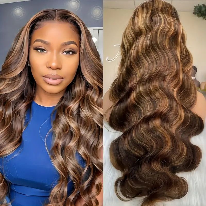 26 Inch Highlight Body Wave Lace Front Wigs Human Hair for Black Women, 13x4 HD Transparent Lace Frontal Wigs Pre Plucked with Baby Hair, 180% Density Glueless Ombre Brown Blonde Brazilian Virgin Human Hair Wigs for Daily Party & Cosmetic Use