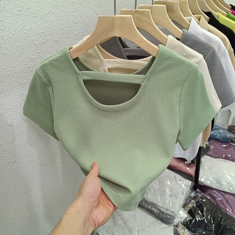 YF7775 Short sleeved T-shirt for women's summer slim fit solid color half sleeved best friend top