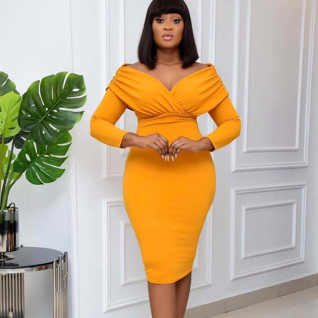 Ladies Fashion Dress Solid Color Strapless V neck Professional Office 