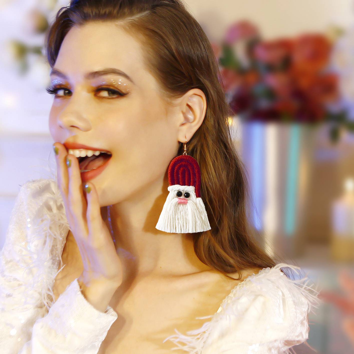 E68846 women's cotton fringed earrings Christmas style earrings bohemian tassel weave santa