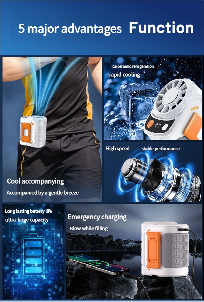 Portable belt air conditioning fan, rechargeable 3-in-1 semiconductor cooling hanging belt fan, equipped with 6000mAh battery and flashlight, three wind speeds, digital display, suitable for construction sites, outdoor, farms, fishing, camping