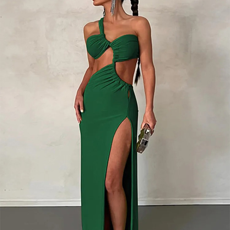 24102 Women's Summer New Slanted Shoulder Dress Solid Color Split Dress