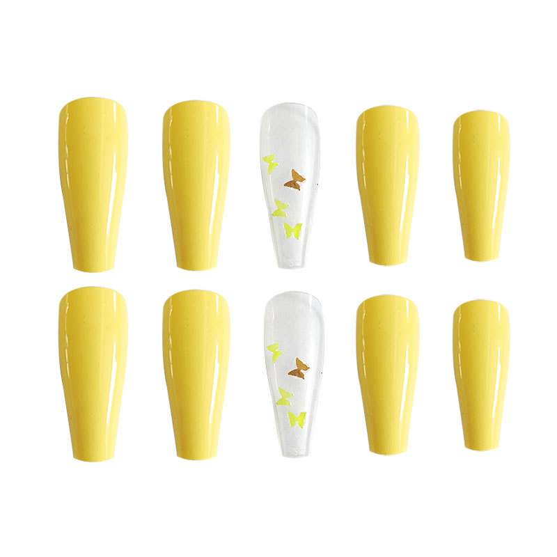24Pcs Long Coffin False Nails Glitter Butterfly Designs Fake Nails Artificial Full Cover Nail Art Tips Press on Nails Manicure Tool