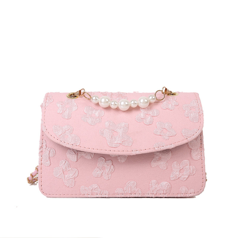 MC5548 Fashionable Style Ins Fairy One-shoulder Messenger Pearl Chain Portable Small Square Leather Tote Bag
