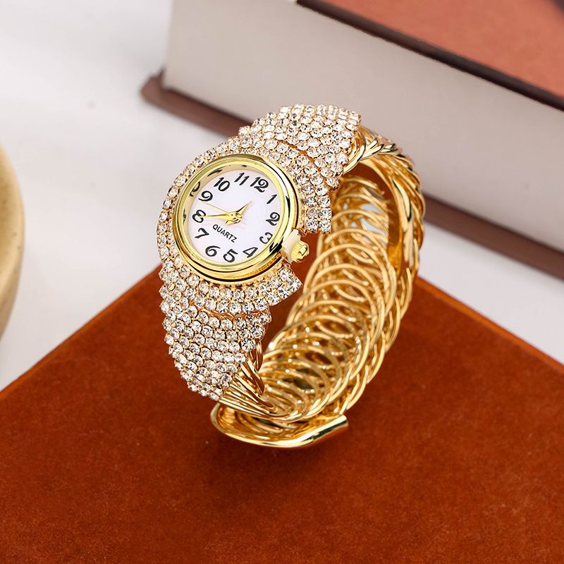 Women's Full Diamond Bangle Quartz Watch, Gold-Tone Fashion Wristwatch, Sparkling Rhinestone Bracelet Watch, Elegant Casual & Party Jewelry for Ladies
