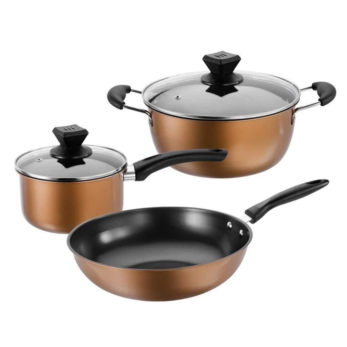 5PCS Double-layer Non-Stick Cooking Set, Fine Iron Wok, Soup Pot & Milk Pan with Glass Lids, Compatible with Gas & Induction Stoves, Better non-stick effect and more durable