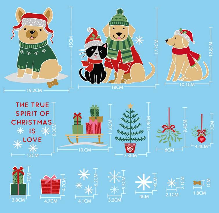 Christmas Window Clings Cute Dog Christmas Window Stickers Double Side Printed Dog Christmas Clings for Glass Windows Snowflakes Window Stickers for Home School Office Decorations 4 Sheets